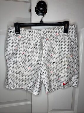 Nike All Over Swoosh White Gray Red Swim Trunks Shorts Lined Mens S Inseam 4"